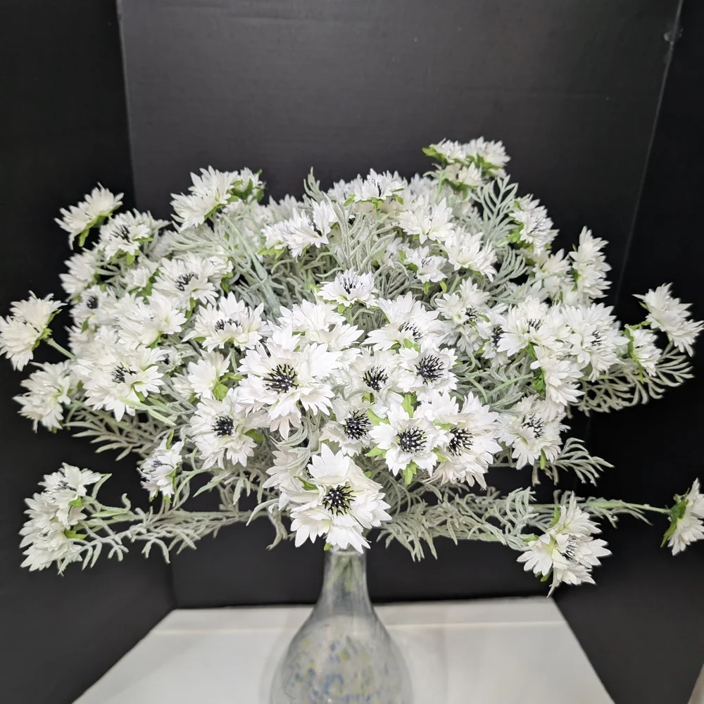 White Black Cornflower Bush Spray Faux Floral Design Artificial Flowers